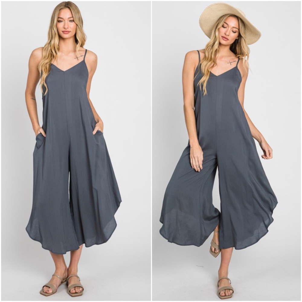 063 Solid Back Tie Cut out Wide Leg Cami Jumpsuit - Picture 2 of 5
